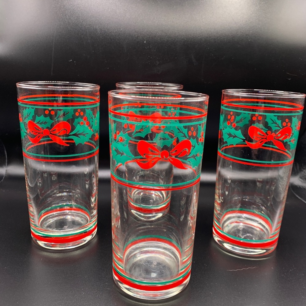 Vintage set 4 Christmas Drinking Glasses Holly & Bows